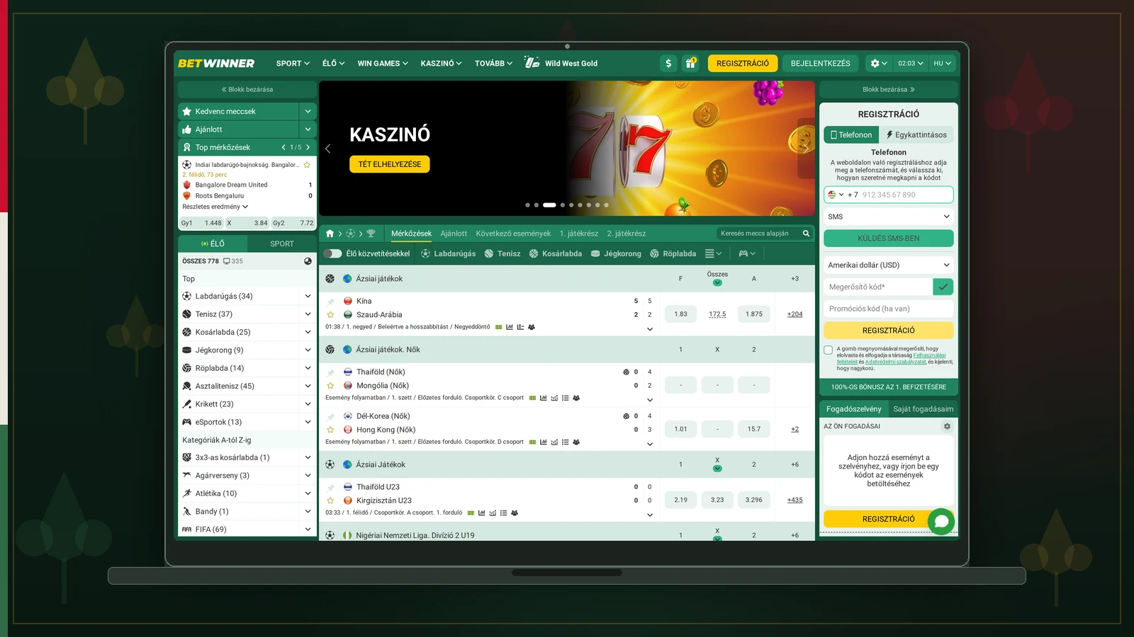 Magyar nyelvű online kaszinó nyitóoldala laptop képernyőjén, felül a bejelentkezés és regisztráció gombokkal